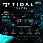 Tidal advertisement showcasing the app across various devices, emphasizing unlimited listening, high-quality sound, and multiple user benefits on a sleek, dark background.
