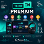 TuneIn ad displaying various devices running the TuneIn app, headphones, feature icons, and text showcasing music, radio, podcasts, audiobooks, and more; AccountBot.org logo appears at the bottom.