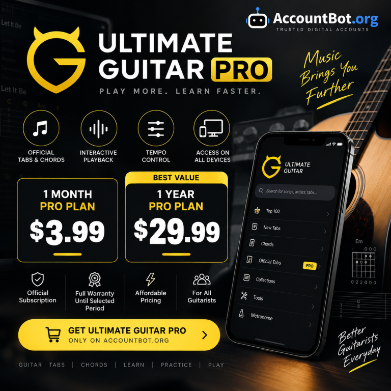 Promotional image for Ultimate Guitar Pro showcasing subscription prices for 1-month and 1-year plans, key app features, a mobile phone highlighting the Ultimate Guitar Pro interface, and access to an extensive library of guitar tabs and sheet music.