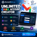 Promotional graphic for Unlimited Gmail Account Creator, showcasing its fast automation, bulk management, robust security, and advanced tools designed to help businesses grow and scale.