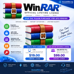 WinRAR Lifetime license ad featuring vibrant WinRAR Lifetime books, transparent pricing for single ($19) and unlimited ($99) user WinRAR Lifetime licenses, standout features, and robust security benefits—all presented on a sleek blue background.