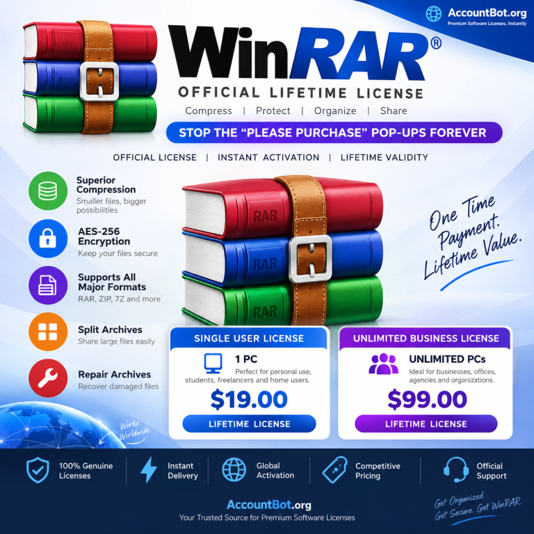 WinRAR Lifetime license ad featuring vibrant WinRAR Lifetime books, transparent pricing for single ($19) and unlimited ($99) user WinRAR Lifetime licenses, standout features, and robust security benefits—all presented on a sleek blue background.