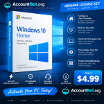Promotional graphic for Windows 10 Home at $4.99, showcasing instant delivery, secure checkout, and key features like advanced multitasking and personalized settings in the Windows OS—available now on AccountBot.org.