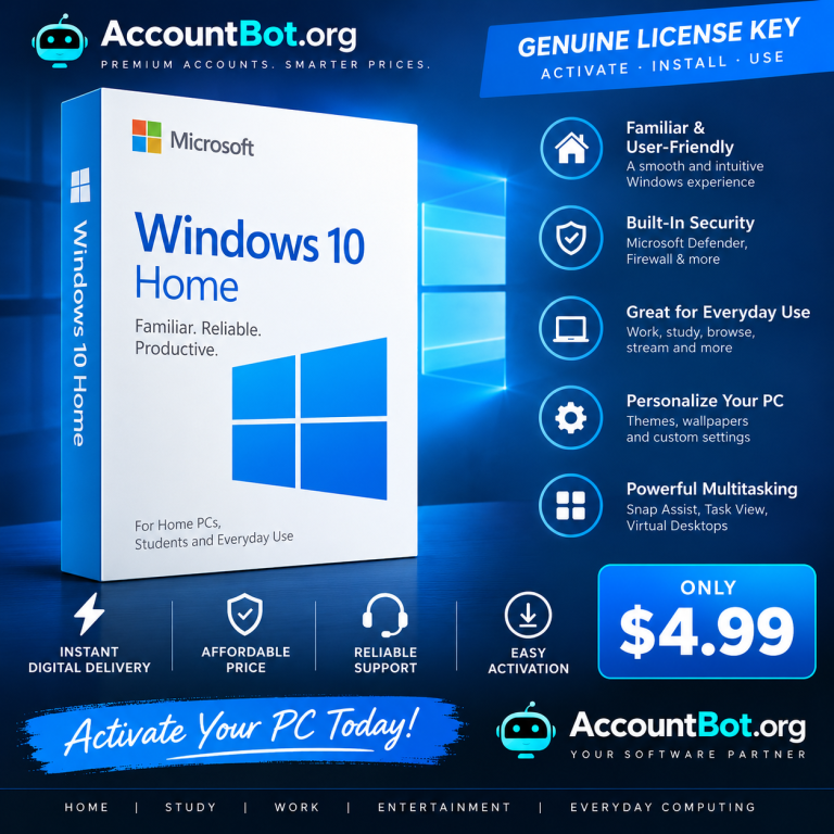 Promotional graphic for Windows 10 Home at $4.99, showcasing instant delivery, secure checkout, and key features like advanced multitasking and personalized settings in the Windows OS—available now on AccountBot.org.