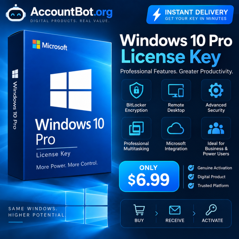 Advertisement for Windows 10 Pro: Featuring the Microsoft logo and feature icons on a blue background, this ad highlights instant delivery and advanced security benefits of Windows 10 Pro. License key available for $6.99.