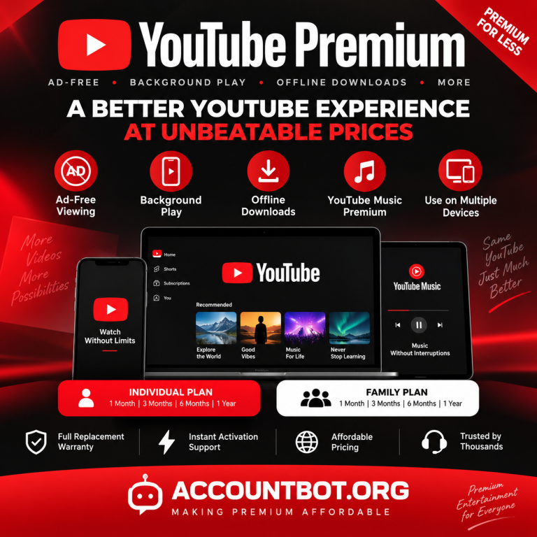 The YouTube Premium ad showcases features like ad-free viewing, background play, offline downloads, affordable subscription plans for individuals and families, and exclusive benefits available through AccountBot.org.
