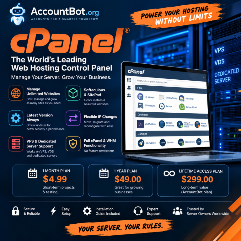 Promotional graphic for cPanel, showcasing its hosting features, pricing plans, and a screenshot of the cPanel interface on a blue and orange background.