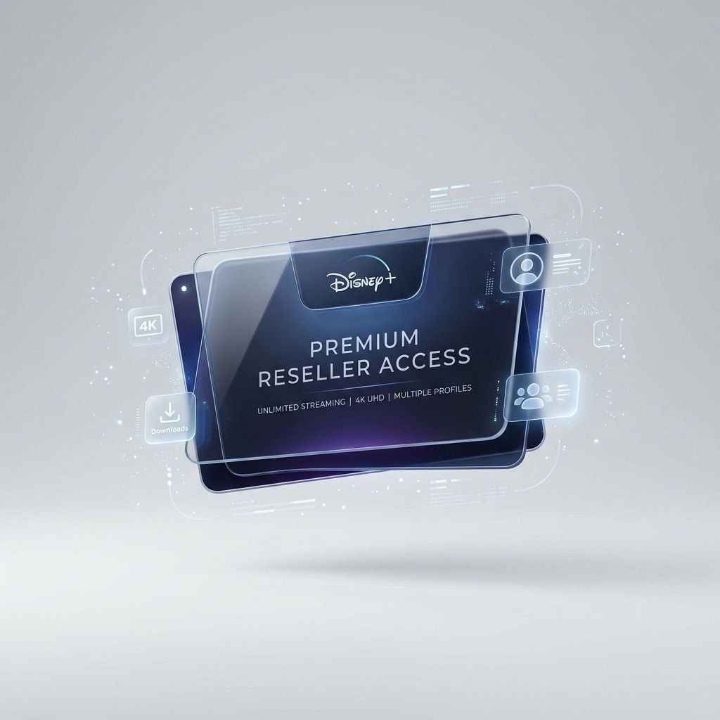 Digital graphic showing a Disney+ “Premium Reseller Access” card with icons for 4K streaming, downloading, and multiple profiles on a light gray background.