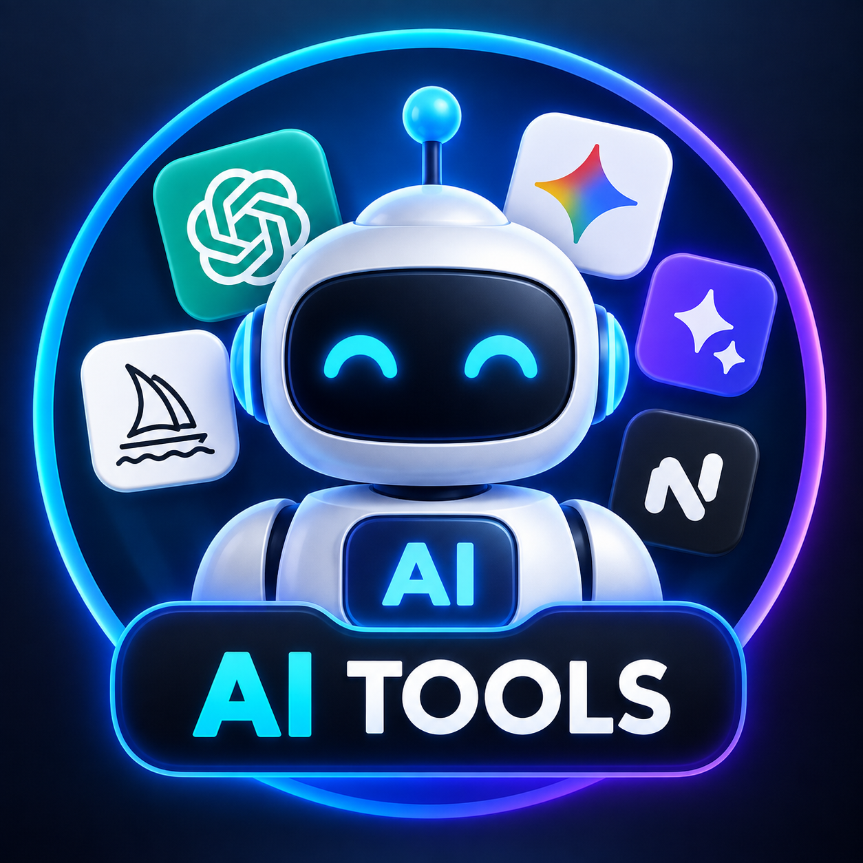 A smiling robot with “AI Tools” text, surrounded by icons representing various AI platforms, on a dark background with neon blue and purple accents.