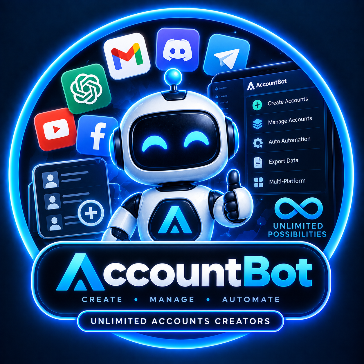 A robot mascot with tech icons and interface screens promotes AccountBot, a tool for creating, managing, and automating unlimited online accounts. Neon blue highlights and text emphasize its features.