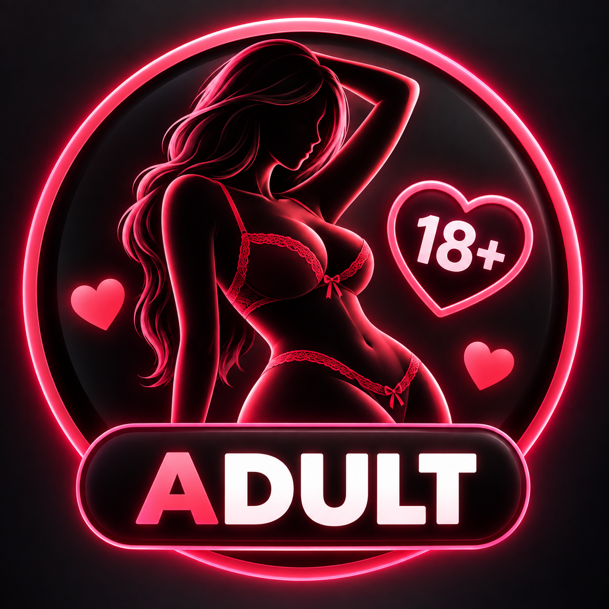 Neon illustration of a woman in lingerie with “18+” and “ADULT” text, surrounded by hearts, indicating adult content.