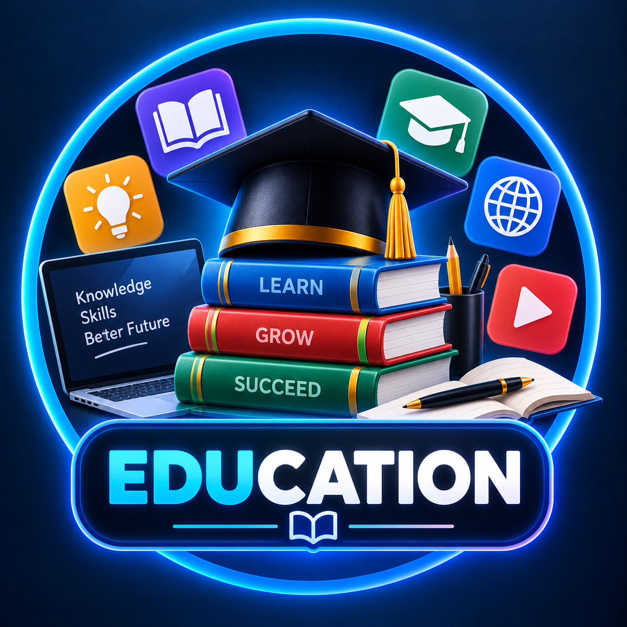 Stack of books with a graduation cap, laptop, and educational icons. The word “EDUCATION” is highlighted at the bottom with related terms like “Learn,” “Grow,” and “Succeed.”.