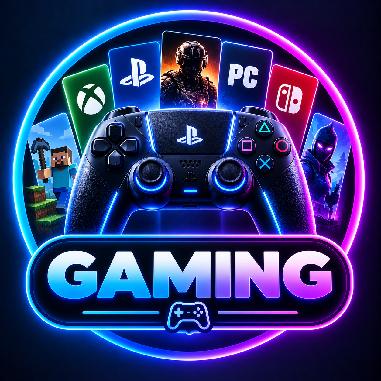 A glowing PlayStation controller in front of Xbox, PlayStation, PC, and Nintendo Switch logos with game characters, and the word “GAMING” below.
