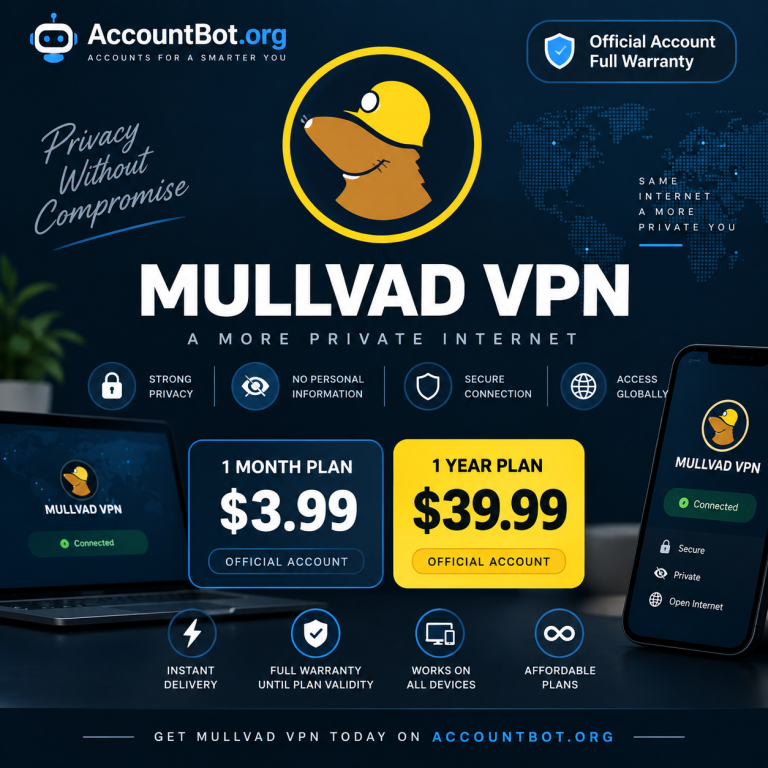 Mullvad VPN ad highlights $3.99/month and $39.99/year plans on a blue background, showcasing strong privacy, zero personal information required, secure connections, and key plan features.