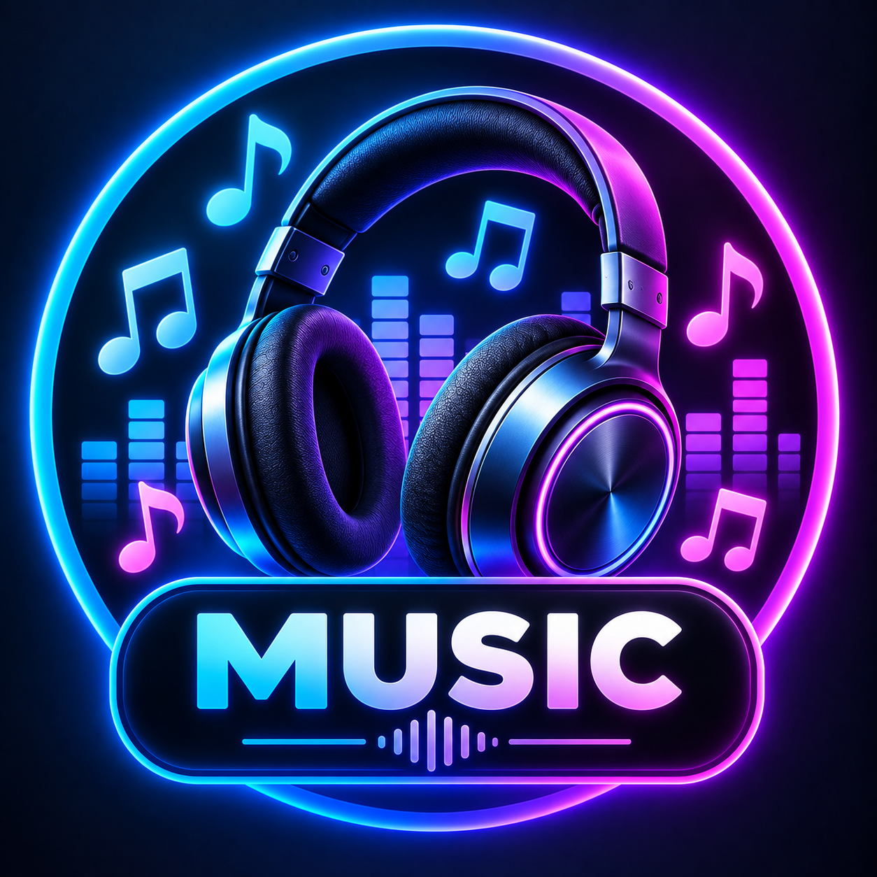 A pair of headphones with neon music notes, equalizer bars, and the word “MUSIC” in bold glowing letters on a dark background.