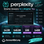 Promotional graphic for Perplexity subscription plans showcasing features, prices, and benefits, set against a space-themed background with AccountBot.org branding.