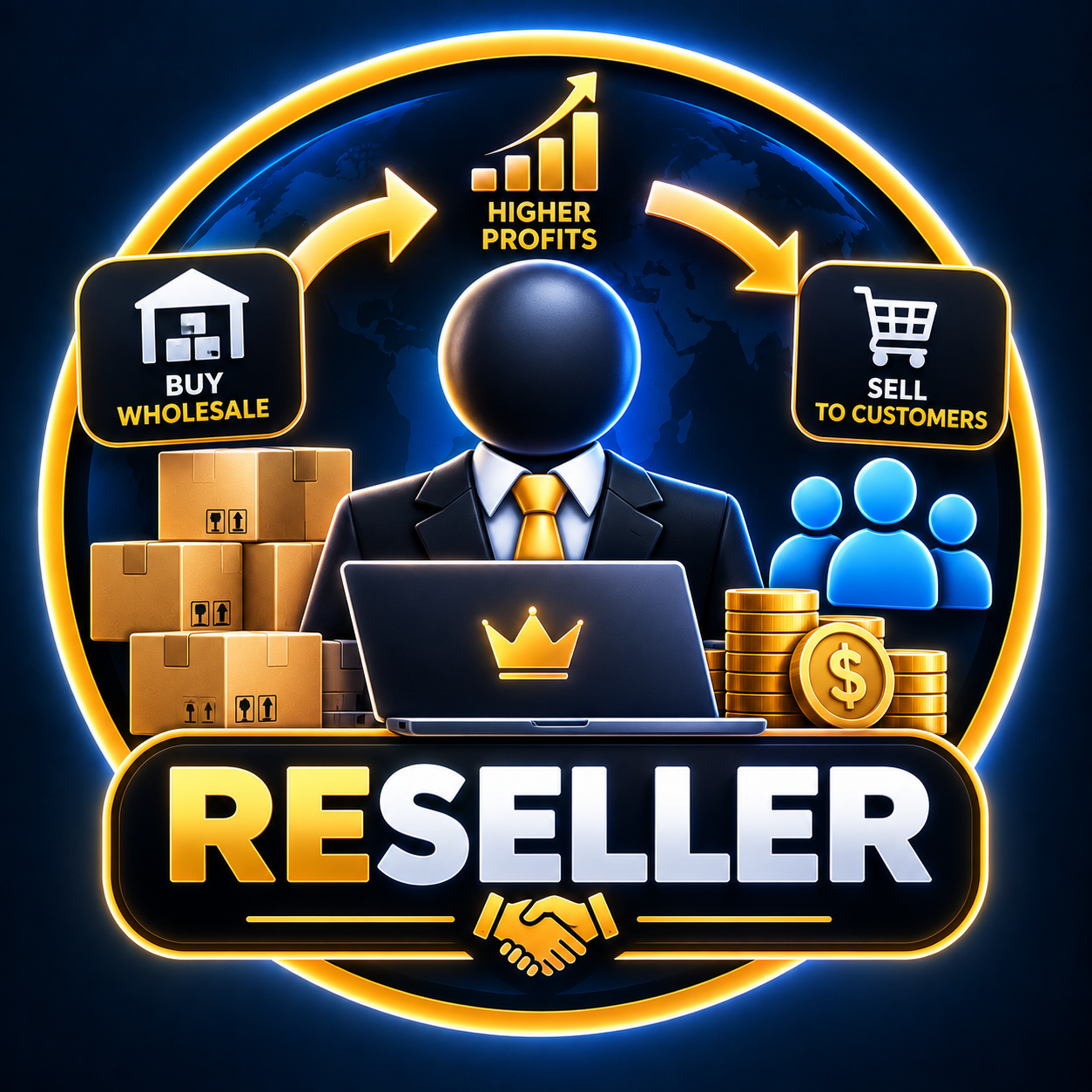 Graphic showing a reseller business model: buy wholesale, sell to customers, earn higher profits. Includes icons of boxes, money, and a person with a laptop, all in a circular diagram.