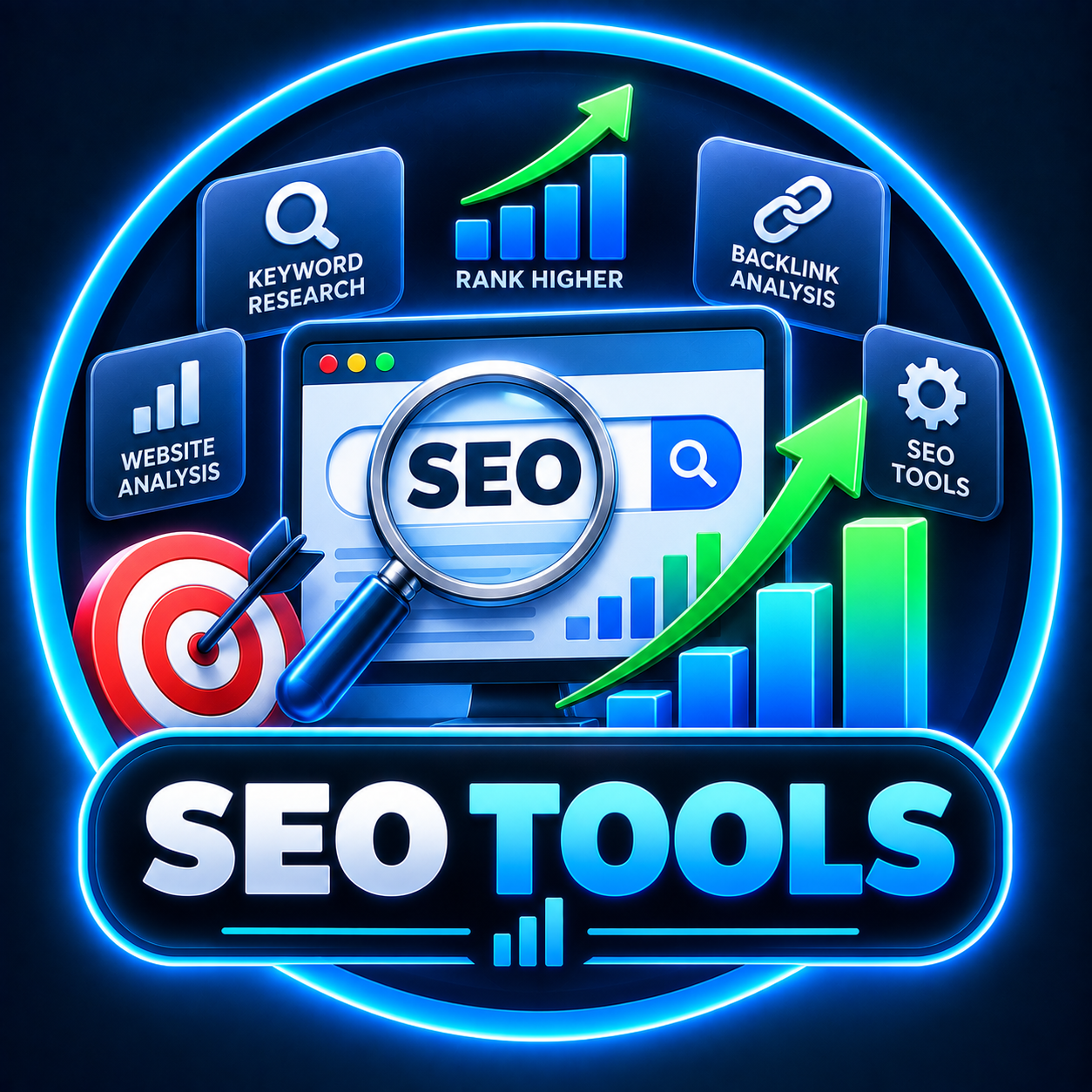 Circular graphic showing “SEO Tools” text, computer monitor with SEO search bar, upward graphs, and icons labeled Keyword Research, Backlink Analysis, Website Analysis, and SEO Tools.
