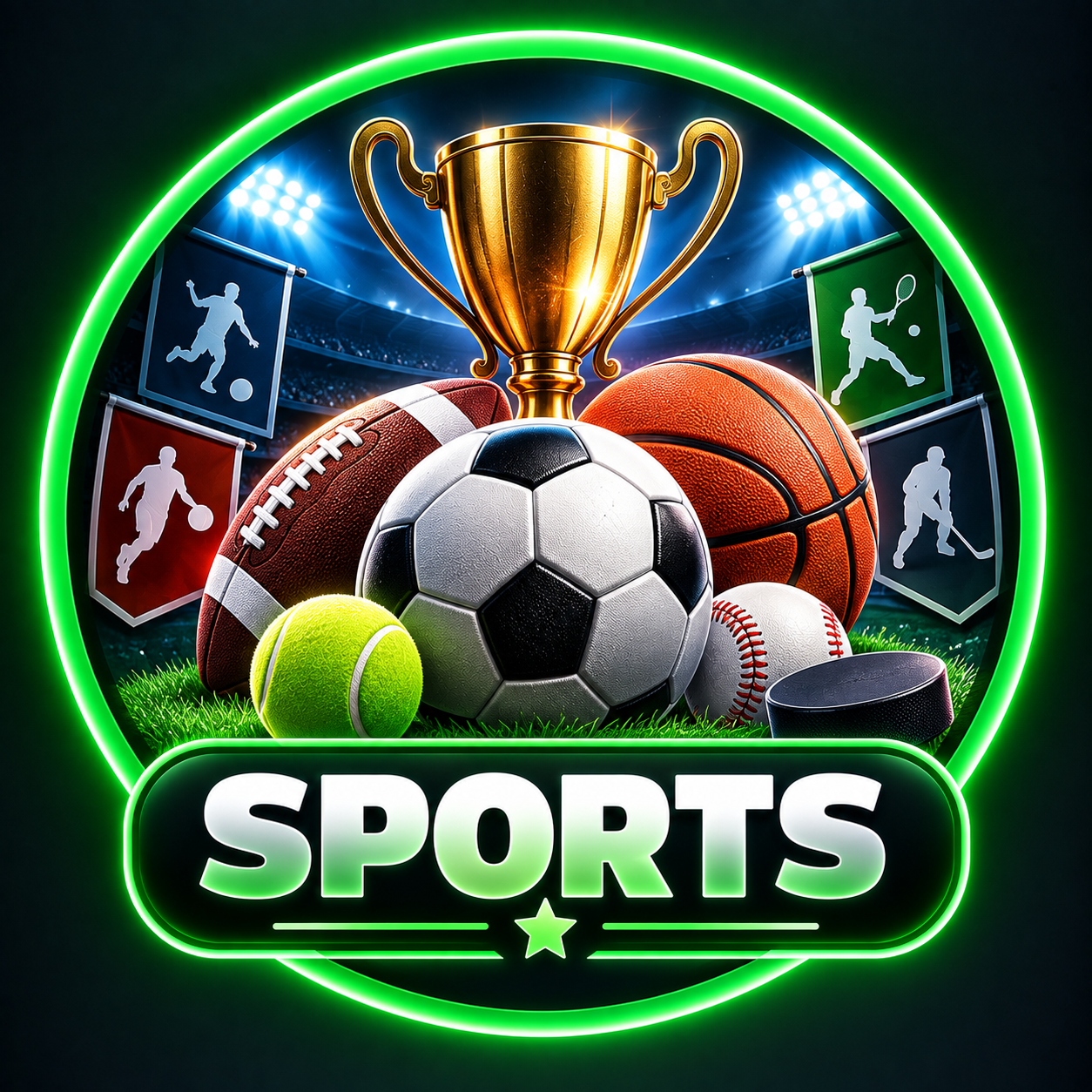 Trophy surrounded by various sports balls, equipment, and banners, with the word “SPORTS” below, all set against a stadium background with bright lights.