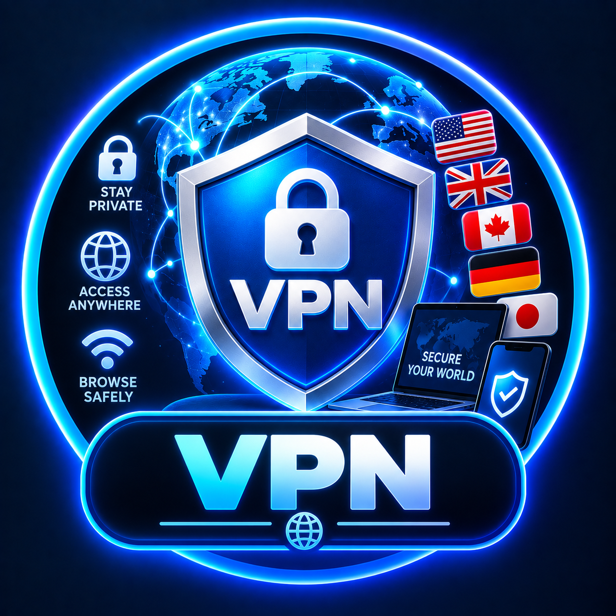 VPN shield icon with padlock, world map, global flags, and security symbols, representing privacy, safe browsing, and worldwide access through a virtual private network.