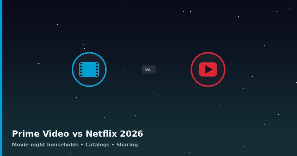A dark background shows icons for Prime Video and Netflix facing off, with text reading “Prime Video vs Netflix 2026” and smaller labels below.