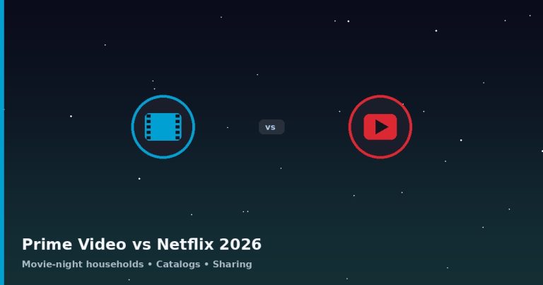 A dark background shows icons for Prime Video and Netflix facing off, with text reading “Prime Video vs Netflix 2026” and smaller labels below.