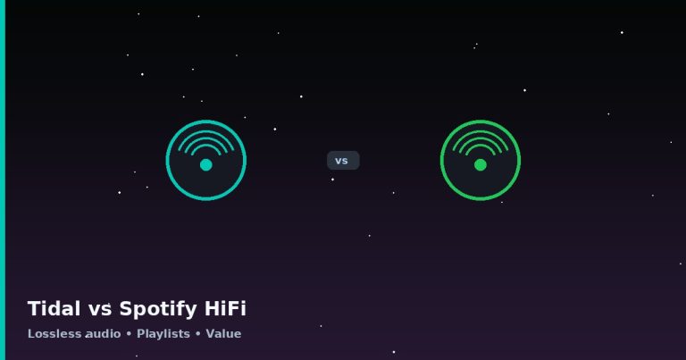 Graphic showing a comparison between Tidal and Spotify HiFi, with neon outlines of vinyl records and the words “Lossless audio • Playlists • Value” at the bottom.