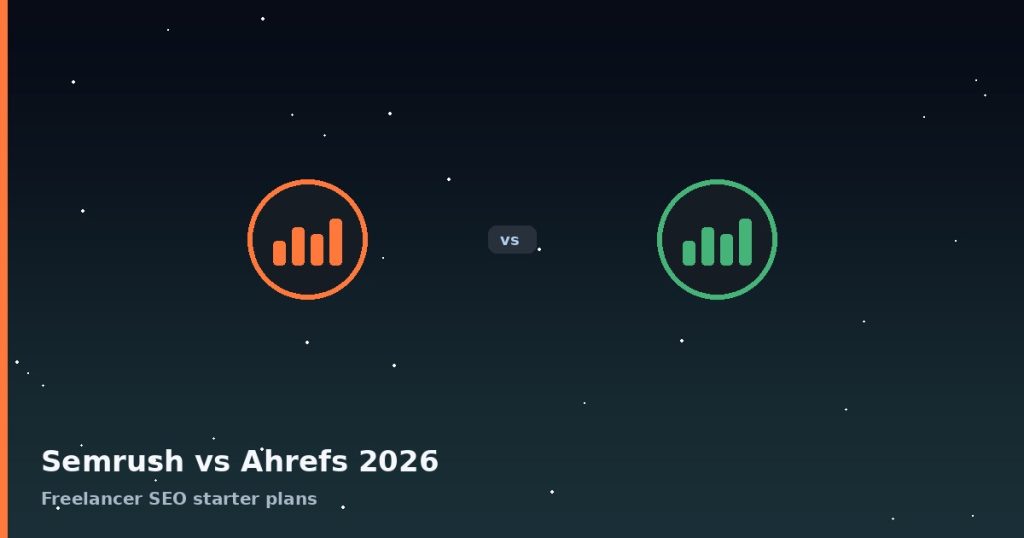 Comparison graphic showing Semrush and Ahrefs logos side by side, labeled “Semrush vs Ahrefs 2026: Freelancer SEO starter plans” on a dark starry background.
