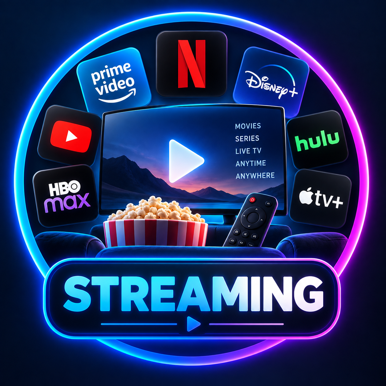 A TV with popcorn and a remote is surrounded by streaming service logos, including Netflix, Prime Video, Disney+, Hulu, HBO Max, Apple TV+, and YouTube. “STREAMING” is written below.