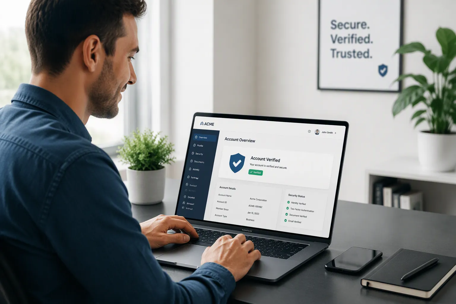 A man working on a laptop displaying an ACME account dashboard confirming that his account is verified.