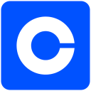 White “C” logo in a blue rounded square, representing the Coinbase cryptocurrency platform.